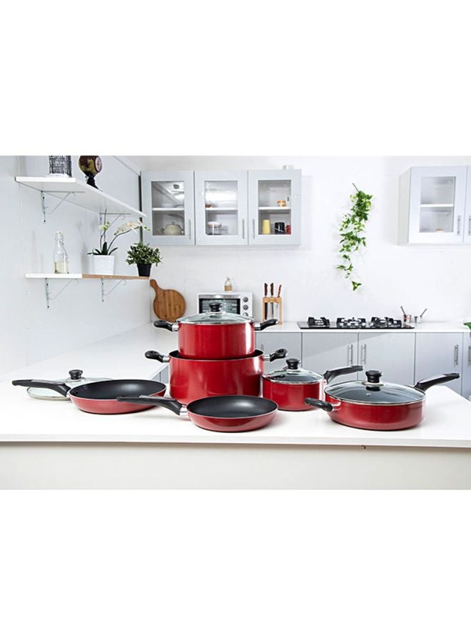 Royalford 10-Piece Almunium Cookware Set includes Casserole +Lid (30x15cm),Casserole +Lid (24x12cm),Saucepan +Lid (18x8.5cm),Deep Fry pan +Lid (26x7cm), Fry Pan(28x5.2cm),Fry Pan(24x4.5cm) Red  - Image 3