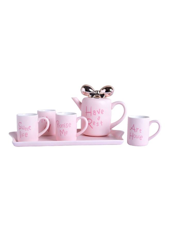 Sharpdo 6-Piece Ceramic Butterfly Knotted Teapot Set Pink Tea Cup (4x250), Kettle (1x860)ml - Image 1