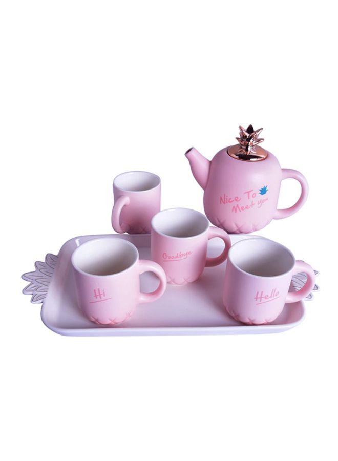 Sharpdo 6-Piece Pineapple Shaped Teapot Set Pink/White Tea Cup (4x220), Kettle (1x780)ml - Image 3