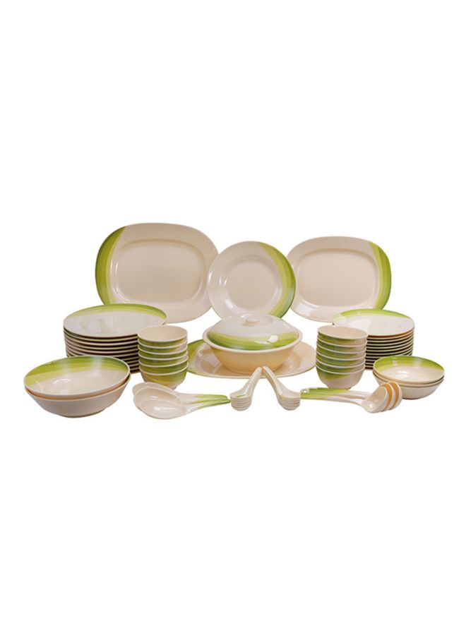 Royalford 64 Piece Melamineware Dinner Set RF8101 Oval Plates Dinner Plates Dessert Plates Round Bowls Soup Bowls Rice Spoons and Spoons Beige/Green 47X29.5X29.3cm 