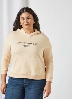 Plus Size Text Print Hoodie Ecru
