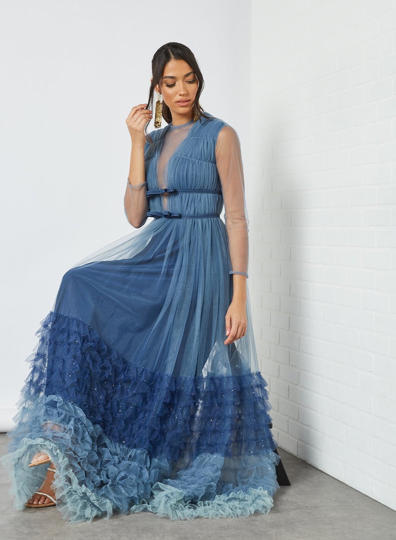 Threadz by Ajooni Ombre Layered Mesh Dress Blue  - Image 1