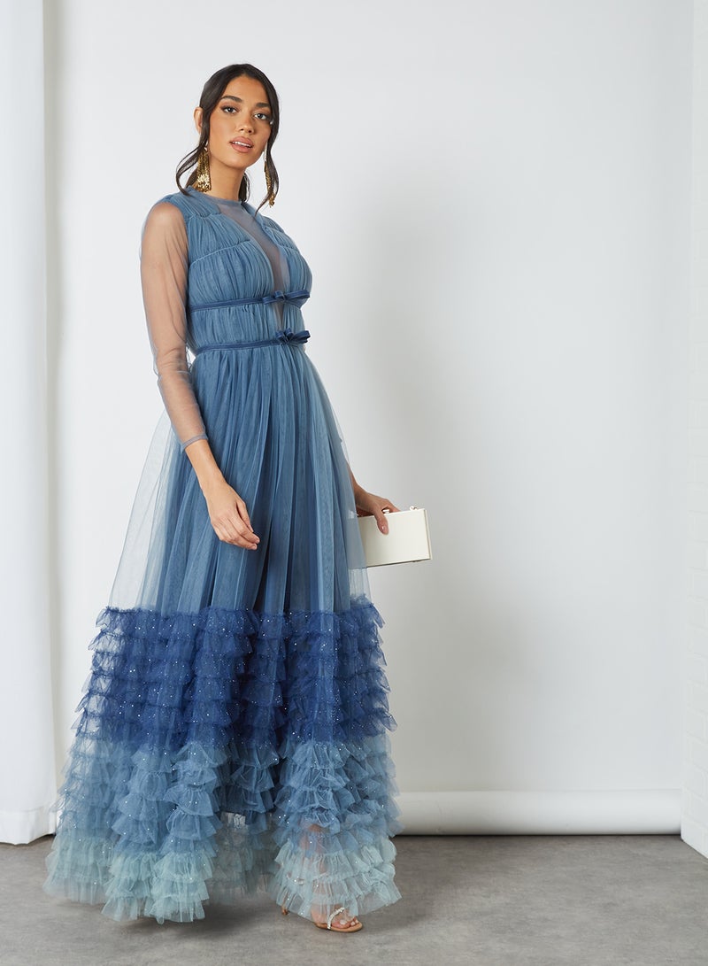 Threadz by Ajooni Ombre Layered Mesh Dress Blue  - Image 3