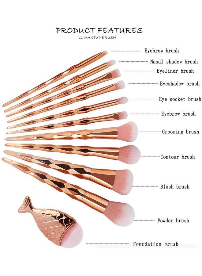 11-Piece Soft Hair Makeup Brush Set Golden/Pink - Image 4