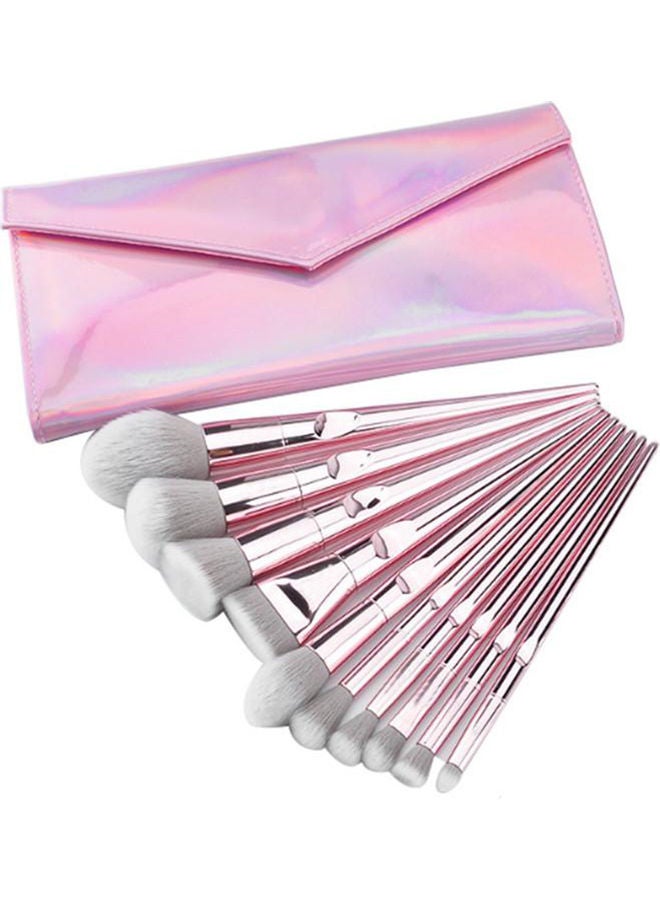 O Ozone 10-Piece Makeup Brush Set with PU Pouch Pink/Grey - Image 3