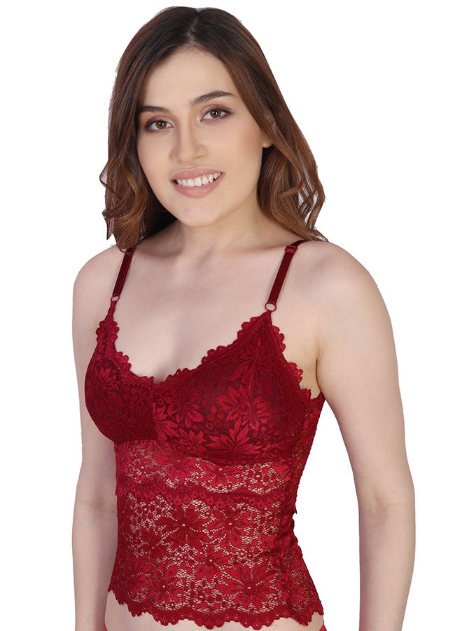 Glamroot - Women’s Padded V-Neck Lace Bralette Bra Camisole Crop Top Maroon - Image 1