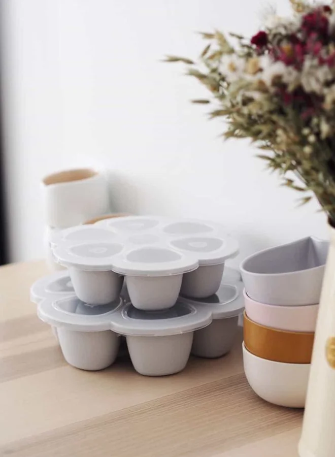 BEABA Silicone Multi - Containers, Premium Quality For Baby, Extreme Heat Resistance, Oven And Microwave, 6 Separate Sections, Airtight Lid, Made In Italy - 6X150 Ml - Grey