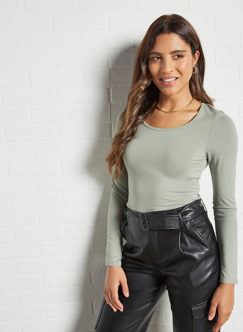 BRAVE SOUL - Basic Long Sleeve Bodysuit Light Khaki - Image 1