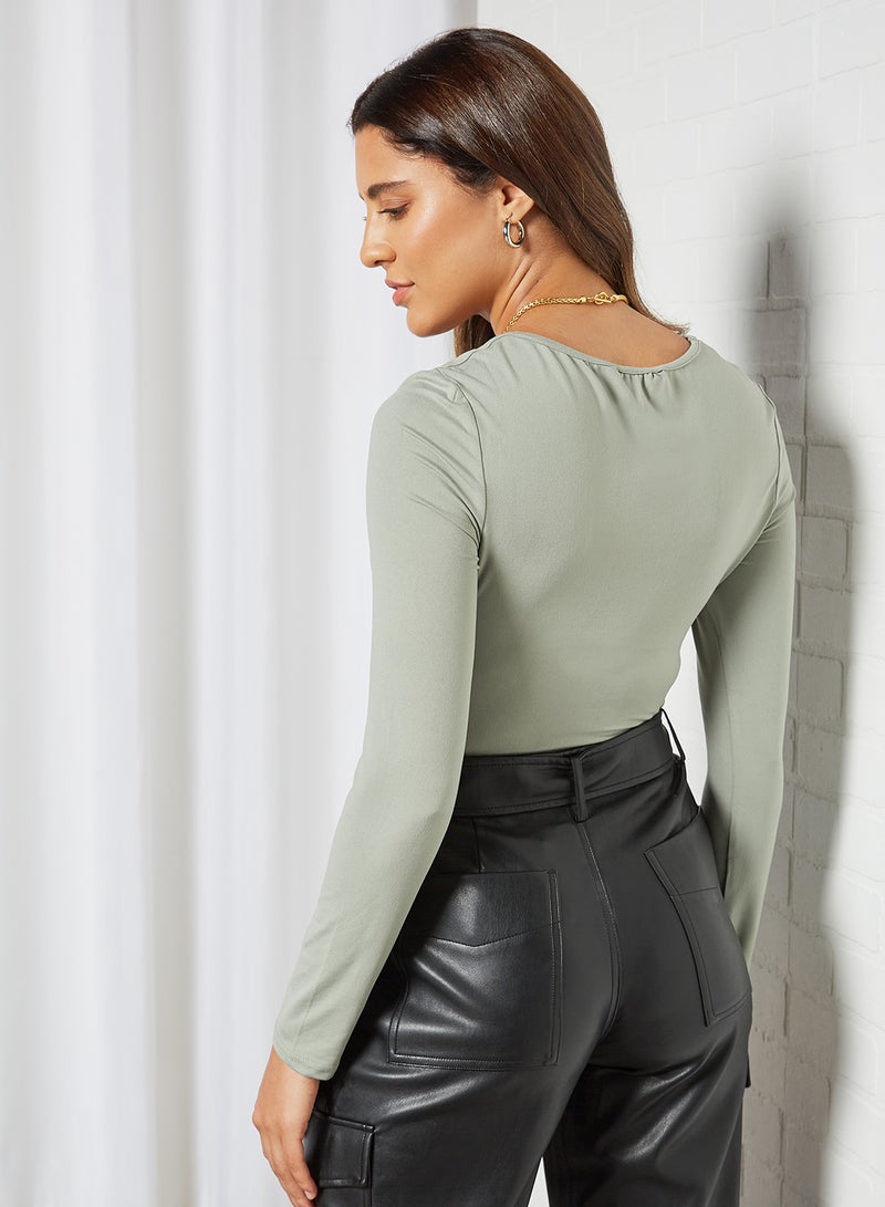 BRAVE SOUL - Basic Long Sleeve Bodysuit Light Khaki - Image 1
