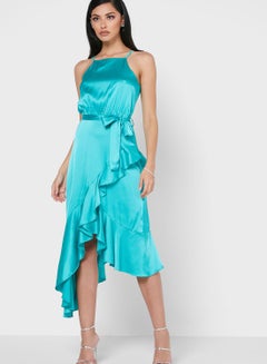 Ruffle Trim Wrap Dress Blue