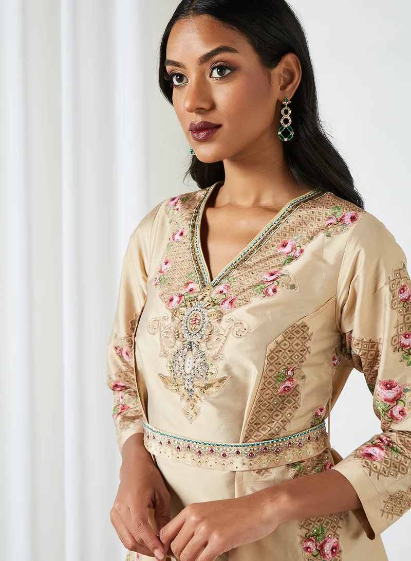 NIRRAAMYAA V-Neck Embellished Dress Beige