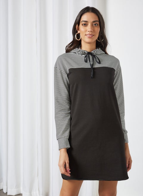 Striped Hooded Dress Black