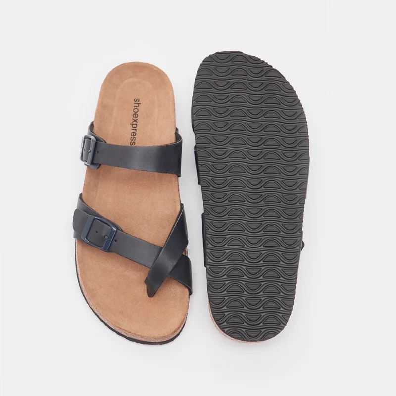 shoexpress Textured Slip-On Buckle Accent Sandals Navy