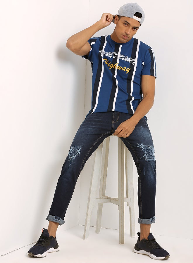 ABOF Knitted Crew Neck T-Shirt Blue/Black/White - Image 3