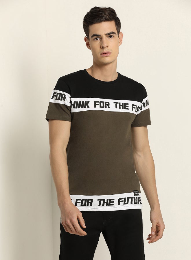 ABOF Knitted Crew Neck T-Shirt Olive/Black/White - Image 1