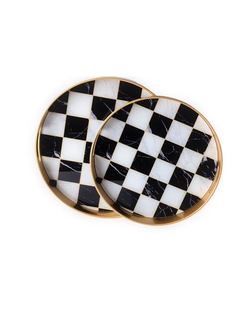 2-Piece Round Marble Design Wooden Tray Set Multicolour 39x39x6cm