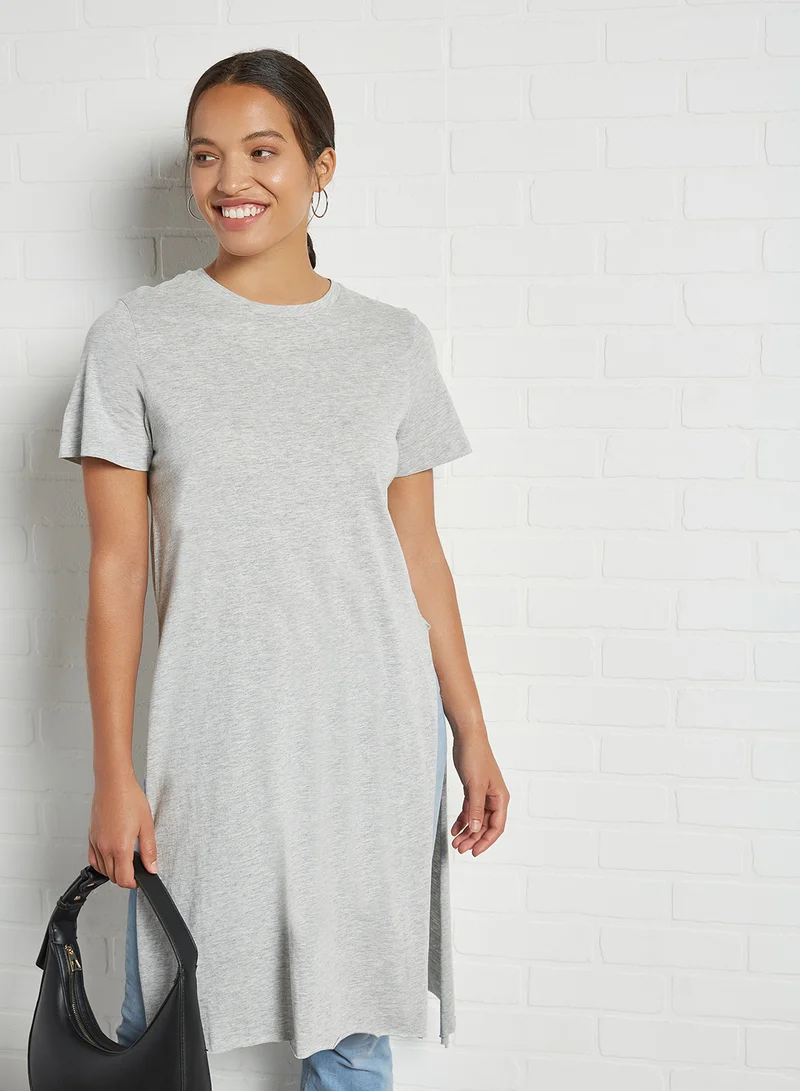 BRAVE SOUL Dual Slit Longline T-Shirt Pale Grey Marl