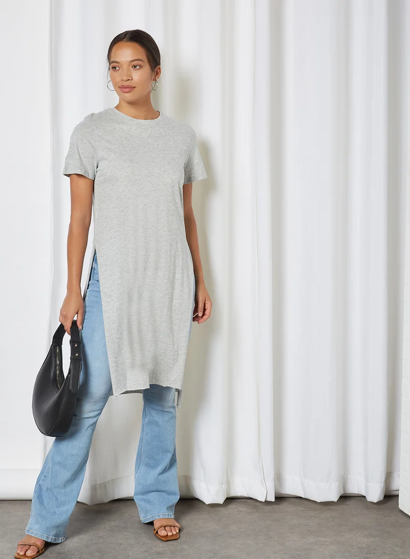 BRAVE SOUL Dual Slit Longline T-Shirt Pale Grey Marl
