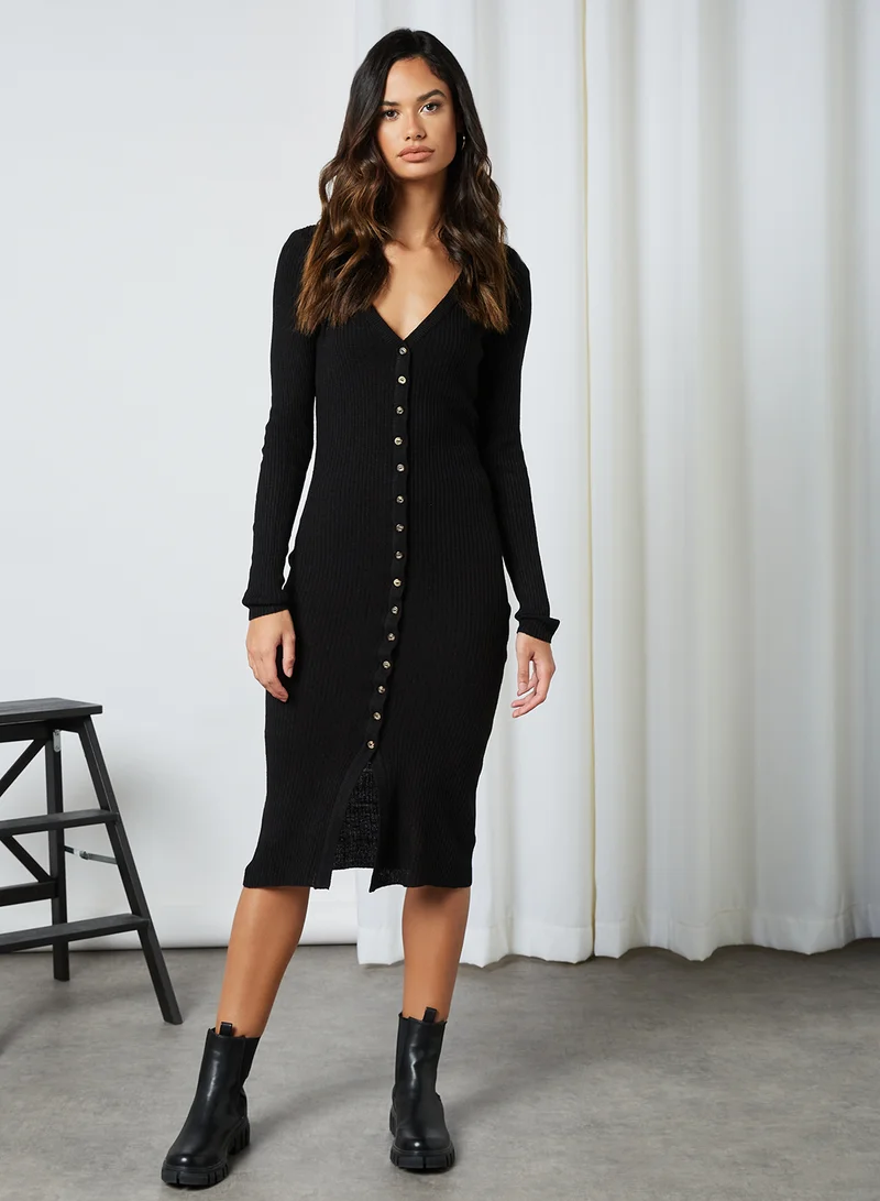 BRAVE SOUL Ribbed Button Cardigan Black