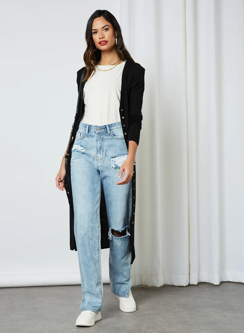 BRAVE SOUL Ribbed Button Cardigan Black
