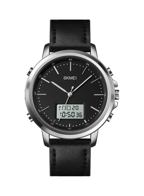Men's Analog Leather Strap Digital Watch With Alarm Stopwatch LED Backlight - 46 mm - Black