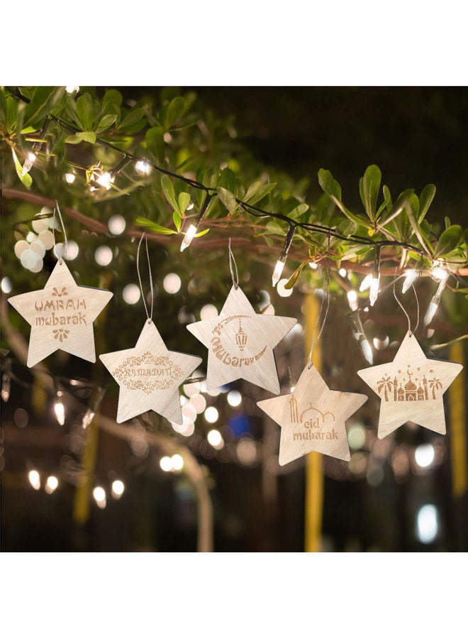 5-Piece Eid Mubarak Wooden Hanging Star Design Beige  - Image 2