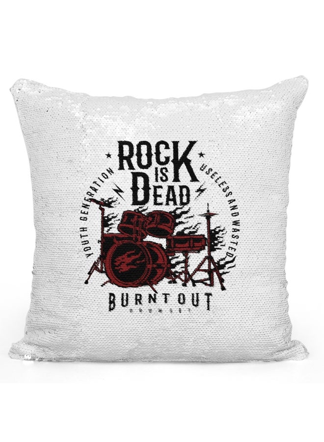 Decorative Throw Pillow - Rock Is Dead Drum Sequin White/Black/Red 16x16inch - Image 1