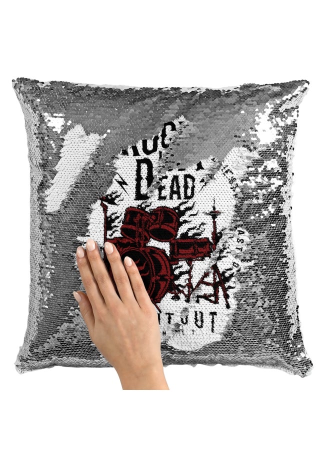 Decorative Throw Pillow - Rock Is Dead Drum Sequin White/Black/Red 16x16inch - Image 2