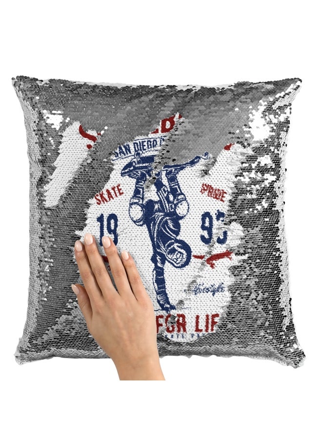 Decorative Throw Pillow - Skate For Life Quote Sequin White/Red/Blue 16x16inch - Image 2