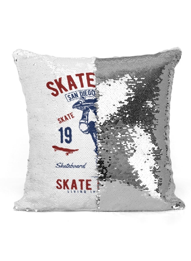Decorative Throw Pillow - Skate For Life Quote Sequin White/Red/Blue 16x16inch - Image 3
