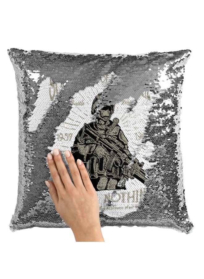 Decorative Throw Pillow - Soldiers Of Fortune War Quote Sequin White/Black/Grey 16x16inch - Image 2