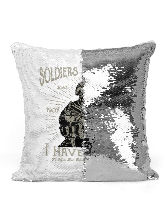 Decorative Throw Pillow - Soldiers Of Fortune War Quote Sequin White/Black/Grey 16x16inch - Image 3