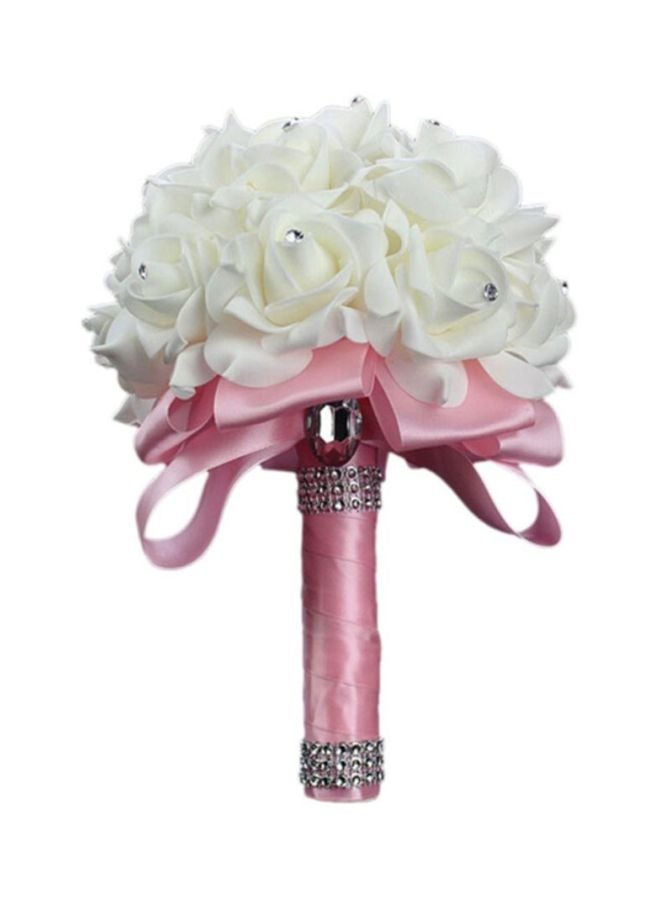 Sharpdo Crystal Studded Artificial Rose Flower Bouquet White/Pink/Silver 25cm - Image 1