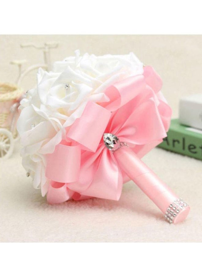 Sharpdo Crystal Studded Artificial Rose Flower Bouquet White/Pink/Silver 25cm - Image 2