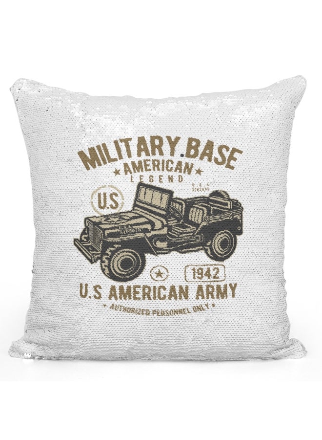 وسادة ديكور مزينة بالترتر ومطبوعة بعبارة Military Base American Legend أبيض/بيج/بني 16x16بوصة - Image 1