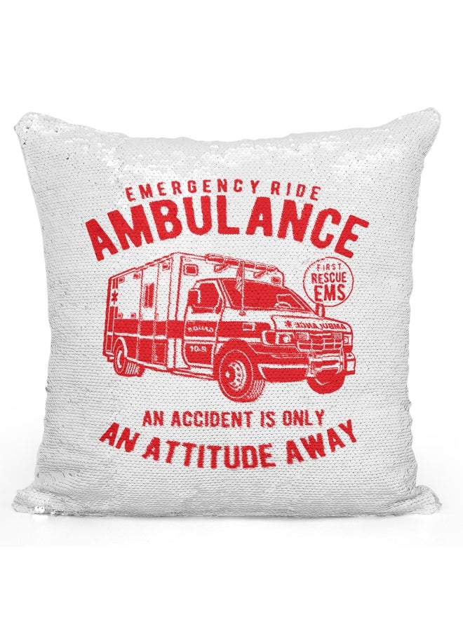 Decorative Throw Pillow - Emergency Ride Ambulance Sequin White/Red 16x16inch - Image 1