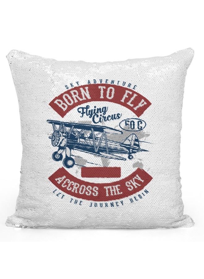 Decorative Throw Pillow - Aeroplane Born To Fly Sequin White/Silver/Red 16x16inch - Image 1