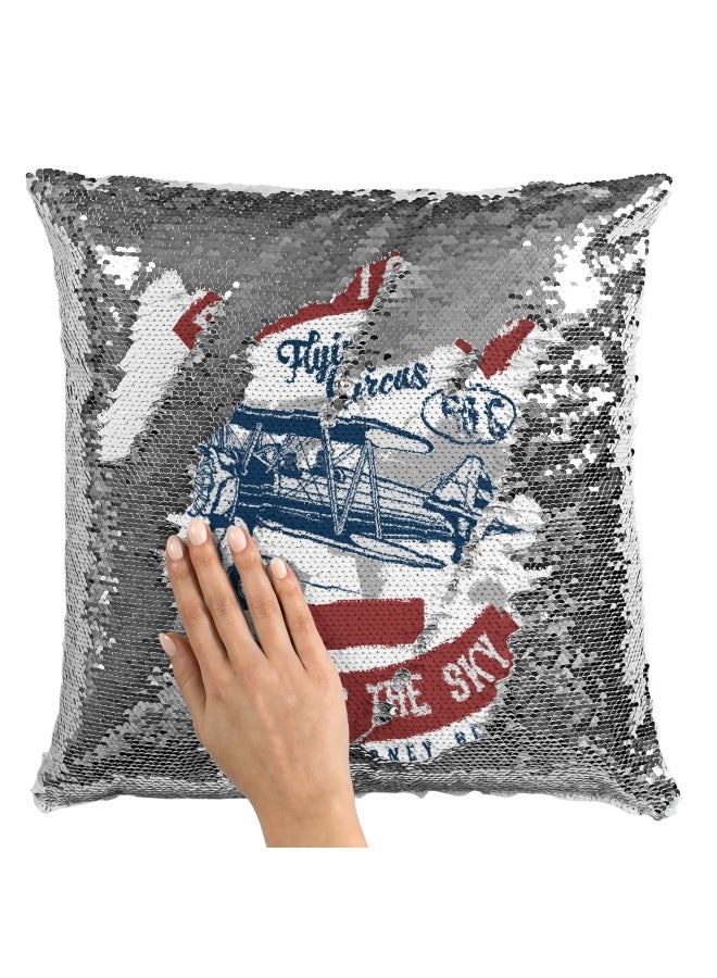 Decorative Throw Pillow - Aeroplane Born To Fly Sequin White/Silver/Red 16x16inch - Image 2