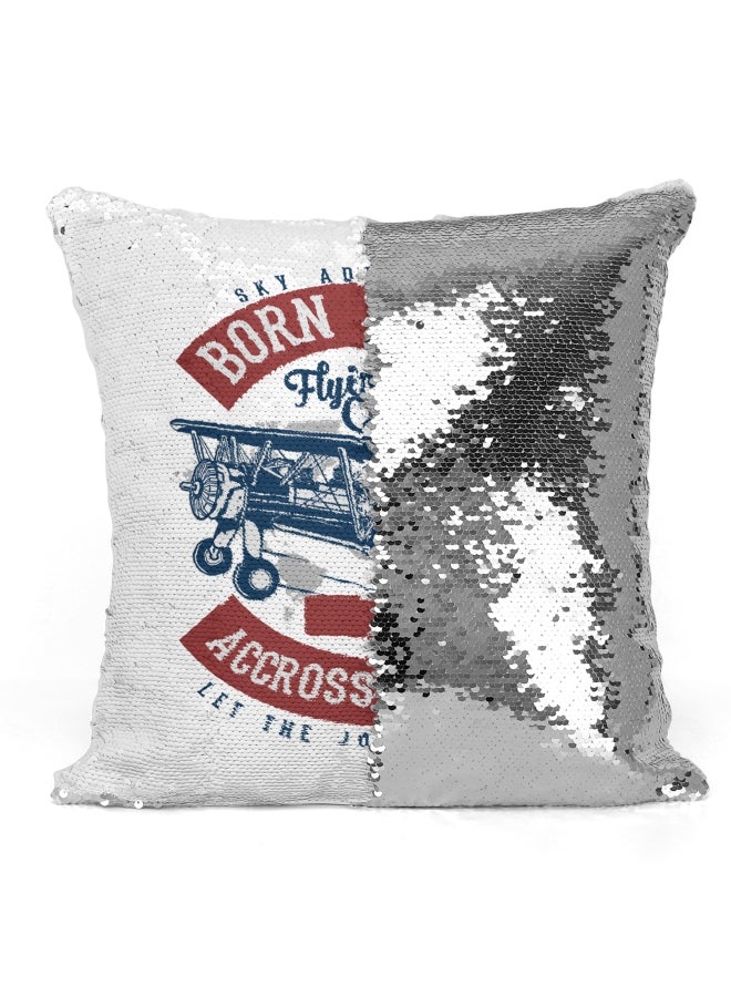 Decorative Throw Pillow - Aeroplane Born To Fly Sequin White/Silver/Red 16x16inch - Image 3
