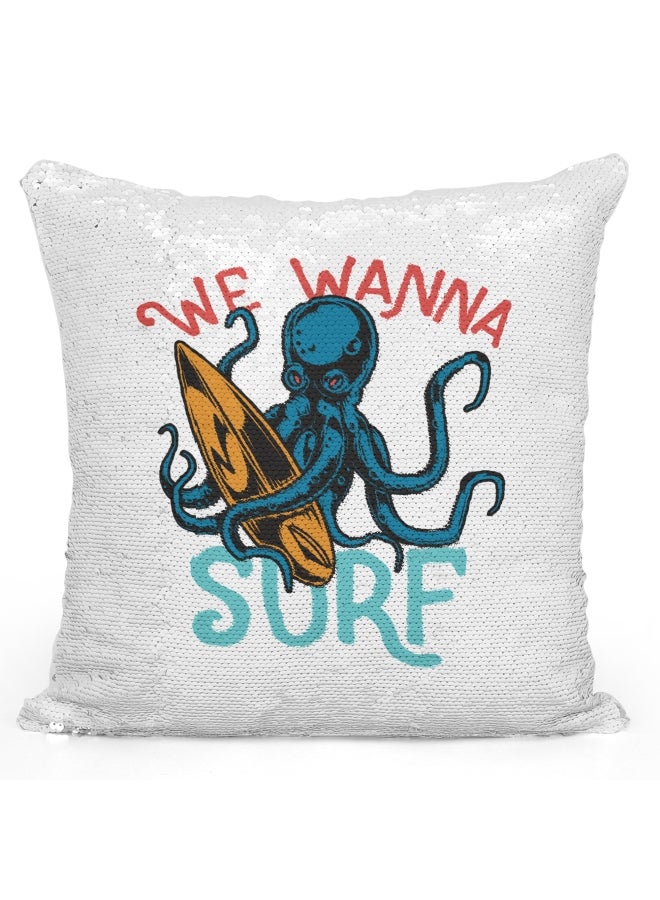 Decorative Throw Pillow - We Wanna Surf Octopus White/Blue/Red 16x16inch - Image 1