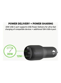 belkin Belkin Usb C Car Charger, 32W 2 Port With 20W Usb-C Power Delivery Pd And 12W Usb-A Charger For IPhone 13, 12, 11, Pro, Pro Max, Mini, IPad, AirPods, Galaxy S21, S20, Note 20, Tab And More, Standalone Black  - Image 2