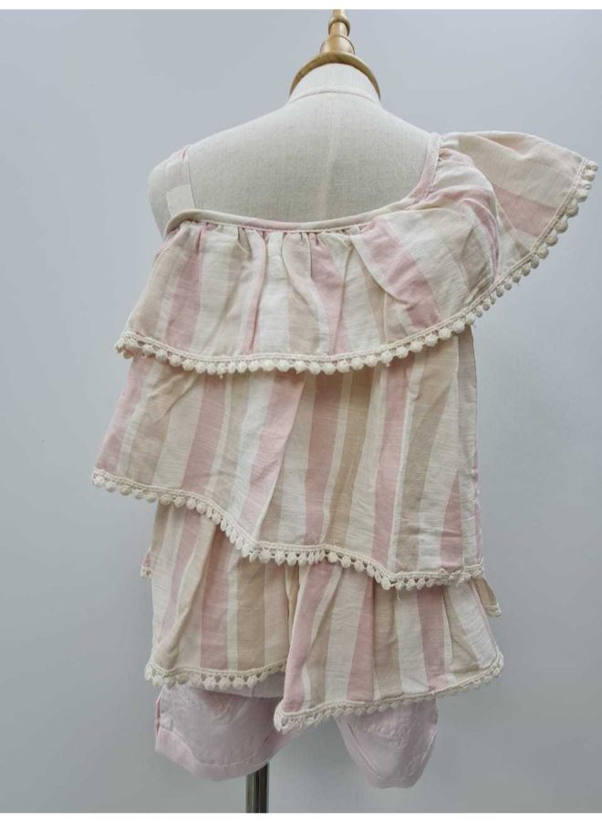 New Stripes Print Frilled Dress Pink/Cream/Brown  - Image 2