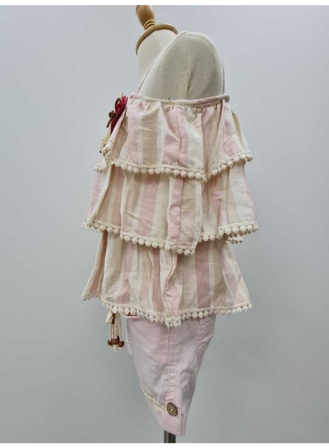 New Stripes Print Frilled Dress Pink/Cream/Brown  - Image 3