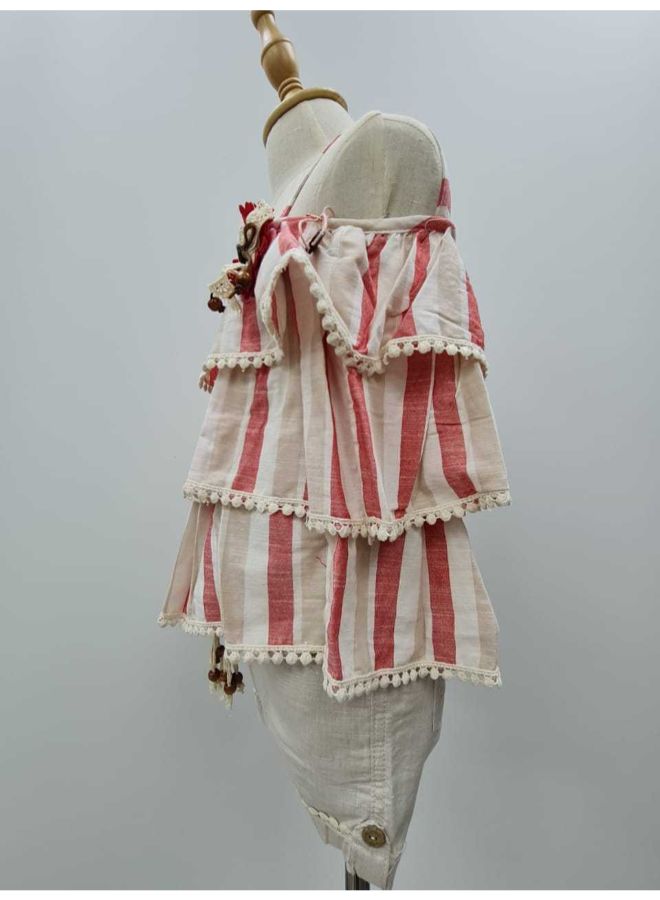 New Stripes Print Frilled Dress Red/Cream  - Image 3