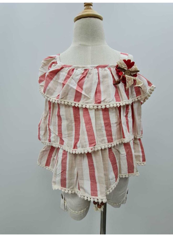 New Stripes Print Frilled Dress Red/Cream  - Image 1