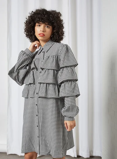 بيسز Gingham Ruffle Mini Dress أبيض زاهٍ/ أسود