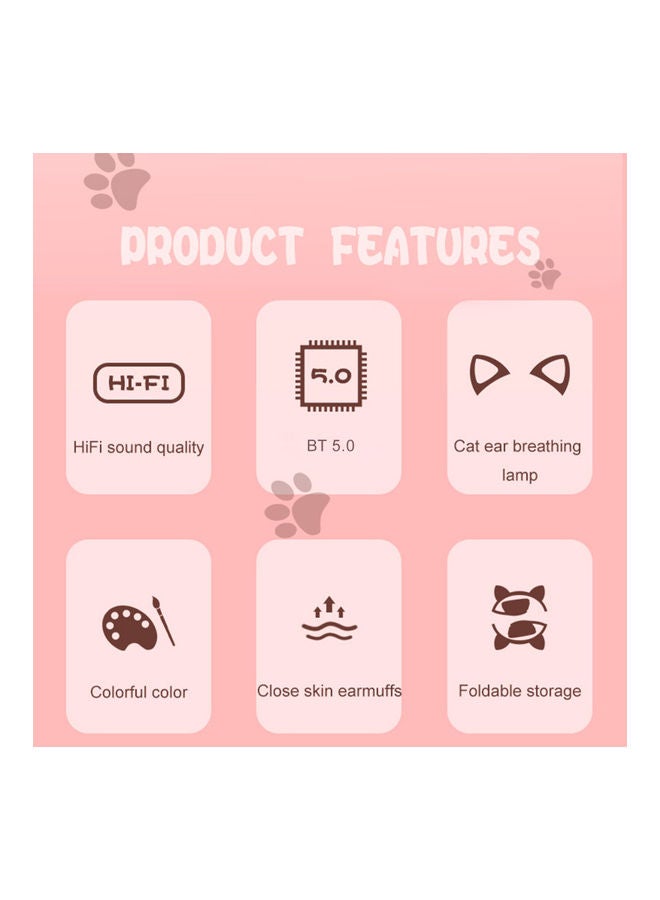 سماعة رأس بتصميم يغطي الأذن على شكل أذني قطة متوهجتين، تعمل بتقنية البلوتوث 5.0 وردي - Image 4