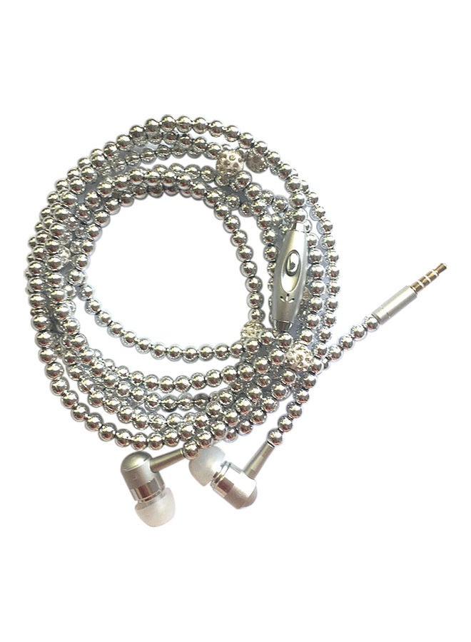 Wired In-Ear Pearl Necklace Stereo Earphones With Mic Silver 