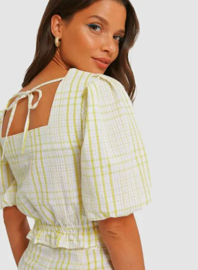 NA-KD Cropped Seersucker Top Yellow Print