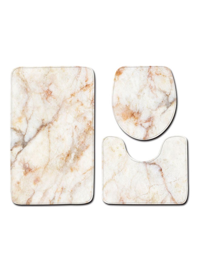 3-Piece Marble Printed Bath Mat Set White/Beige - Image 1